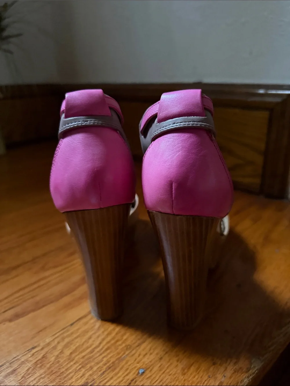 Two-Tone Pink & Tan Platform Heel with Ankle Strap